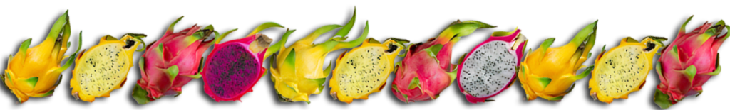 Tilted dragon fruits in a line