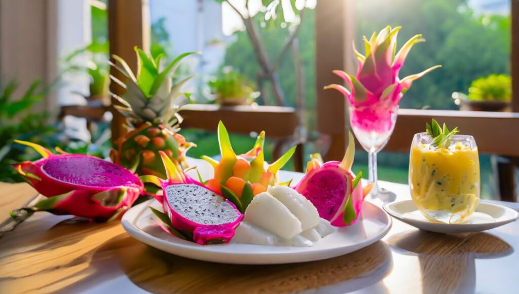 Fresh dragon fruits served on a table