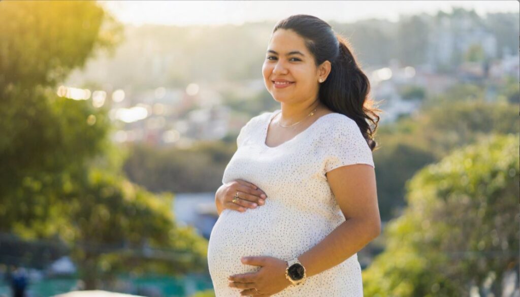 A pregnant woman in white dress