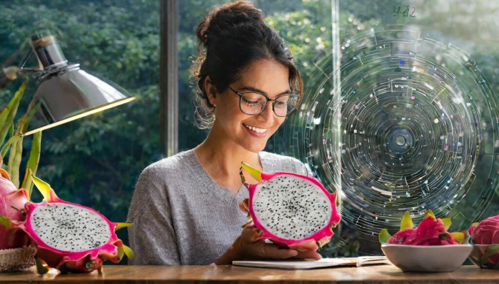 A lady reading in low light and holding a dragon fruit