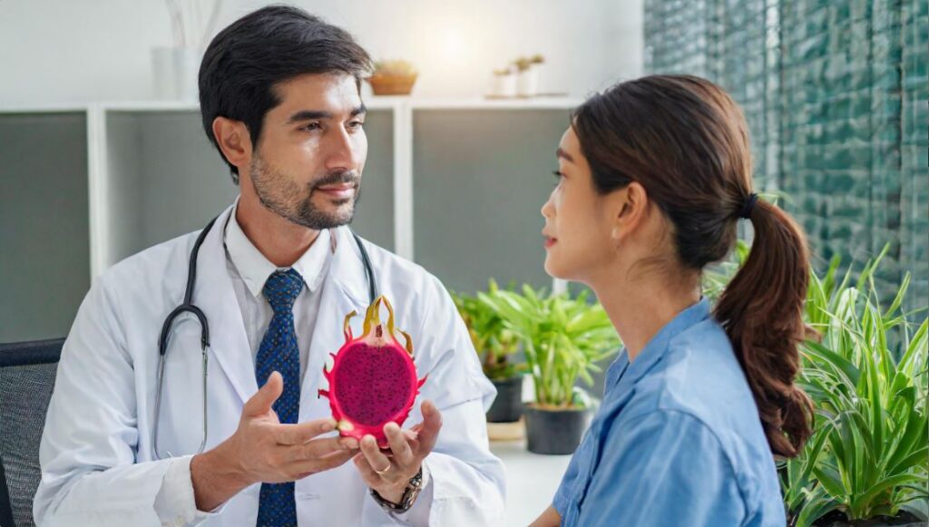 A doctor explaining the benefits of a dragon fruit to his patient