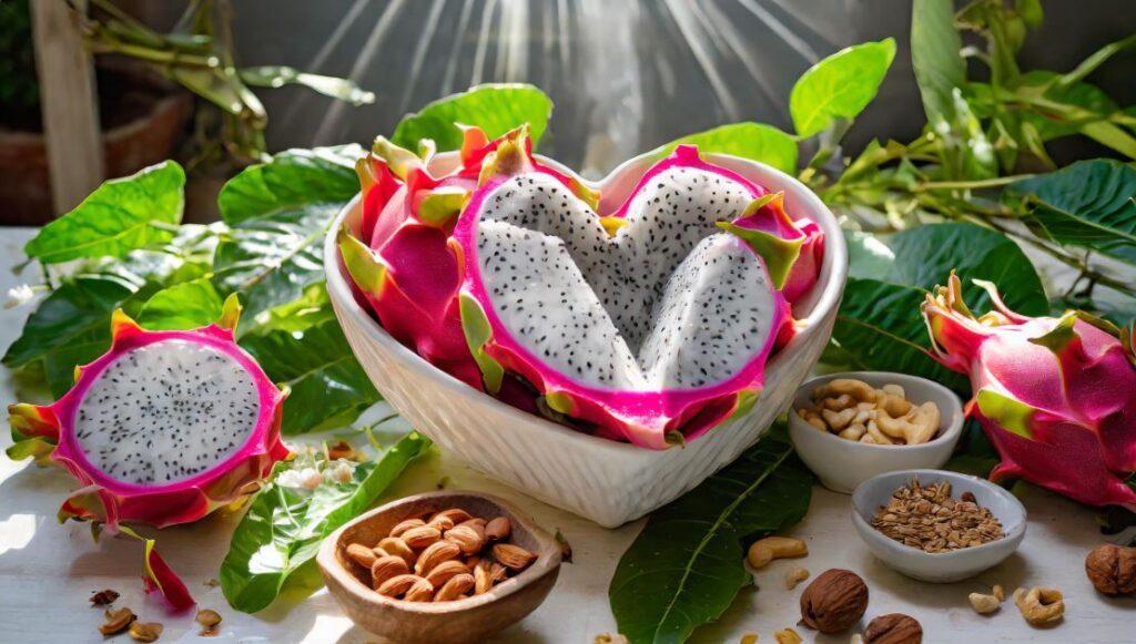 Dragon fruit in a heart shaped bowl