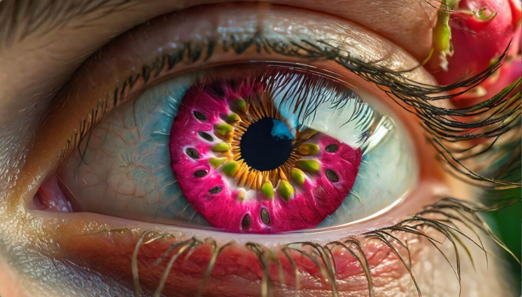 An eye reflecting various colors of a dragon fruit