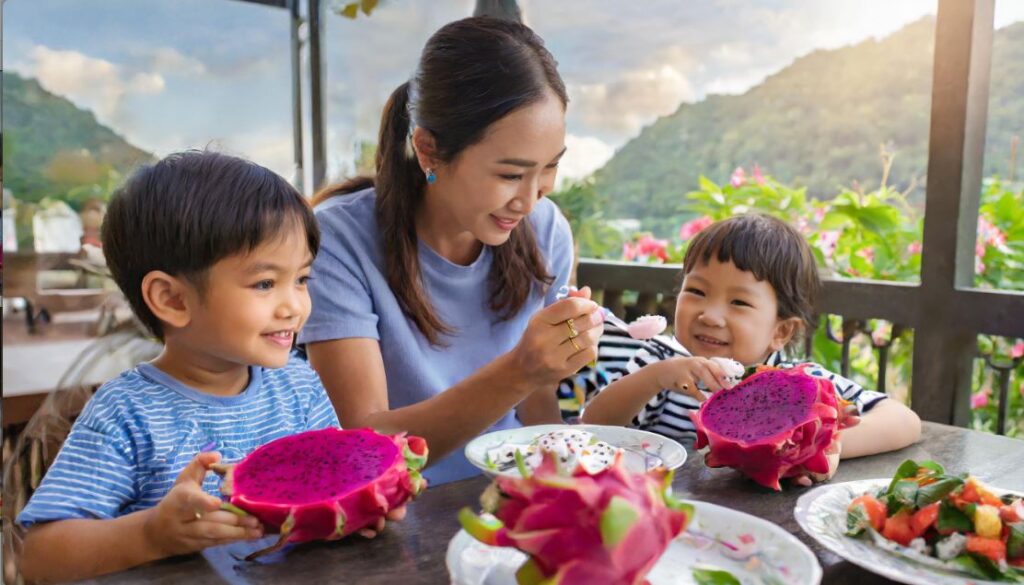  Mother and kids at the dining table