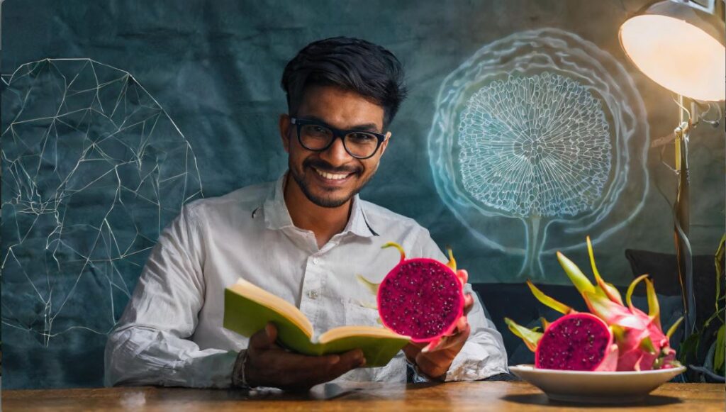 A man reading in low light with holding a piece of dragon fruit